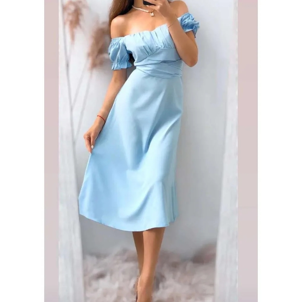 Light Blue Off Shoulder Midi Dress | Puff Sleeve Fairytale Vibes